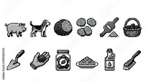 Pixel art truffle hunting icon set in a monochrome retro 8-bit style, featuring a pig, dog, mushroom, slicer, oil, basket, and other gourmet food foraging elements