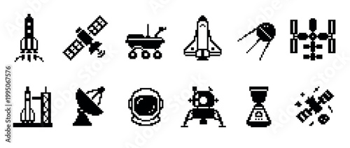 Set of black pixel art space icons featuring a rocket, satellite, rover, shuttle, and astronaut helmet in a retro 8-bit video game style collection of symbols for exploration