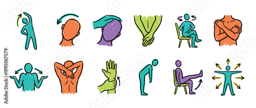 Set of colorful hand-drawn stretching exercises showing various poses for office workers to relieve neck, back, and shoulder pain, presented as a simple icon collection