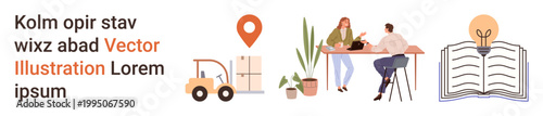 Logistics, teamwork, remote work, education, creativity, office concepts. A forklift, location pin people working and an open book with a lightbulb icon. Logistics and teamwork ion