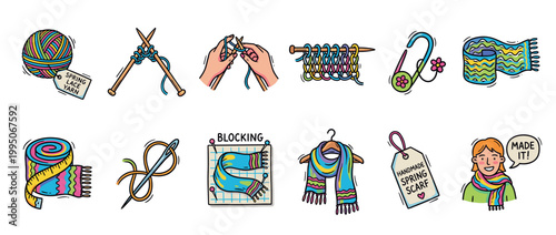 Colorful hand-drawn knitting process illustration set shows the steps for making a handmade scarf from a ball of yarn to the finished product worn by a person