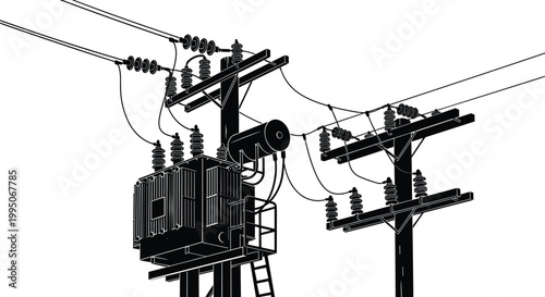 Electrical transformer and power lines on utility poles, illustrating energy transmission and infrastructure.