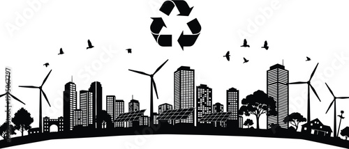 Eco-friendly cityscape silhouette with wind turbines, solar panels, and recycling symbol, promoting sustainable urban development and green energy.