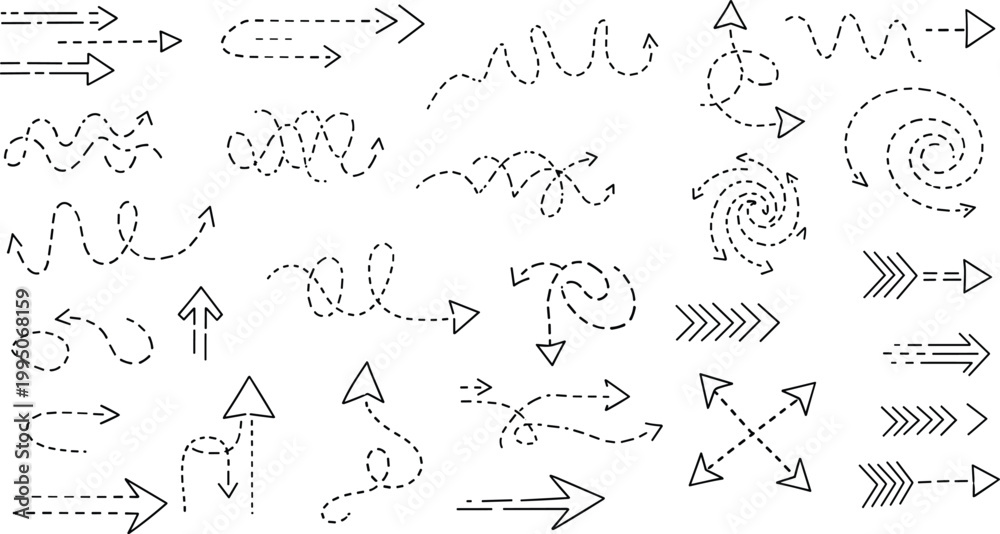 Obraz premium Professional Dashed Arrow Collection featuring Curved Spirals Swirls and Directional Line Pointers for Infographics