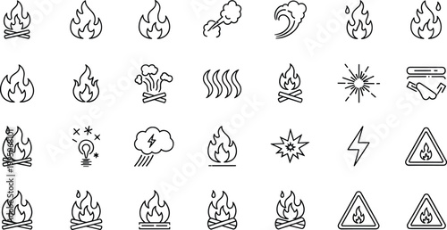 Fire Flame and Weather Hazard Icon Set with Bonfires, Lightning Bolts, Smoke Clouds, and Warning Signs for Industrial Safety and Outdoor Graphics