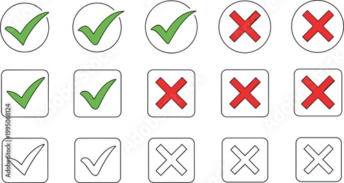 Green Check Mark and Red Cross Mark Icon Set with Circle and Square Frames for Checklists, Survey Results, Validation, and UI Design