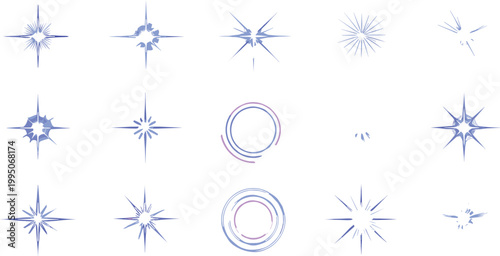 Sparkling Blue and Purple Starburst Icon Set with Glowing Light Effects and Celestial Shapes for Modern Graphic Design, Digital Art, and Branding Projects