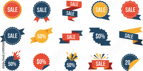 Vibrant Sales Promotion Ribbon Set with Percentage Discount Badges and Colorful Price Labels for Retail and E-commerce Marketing
