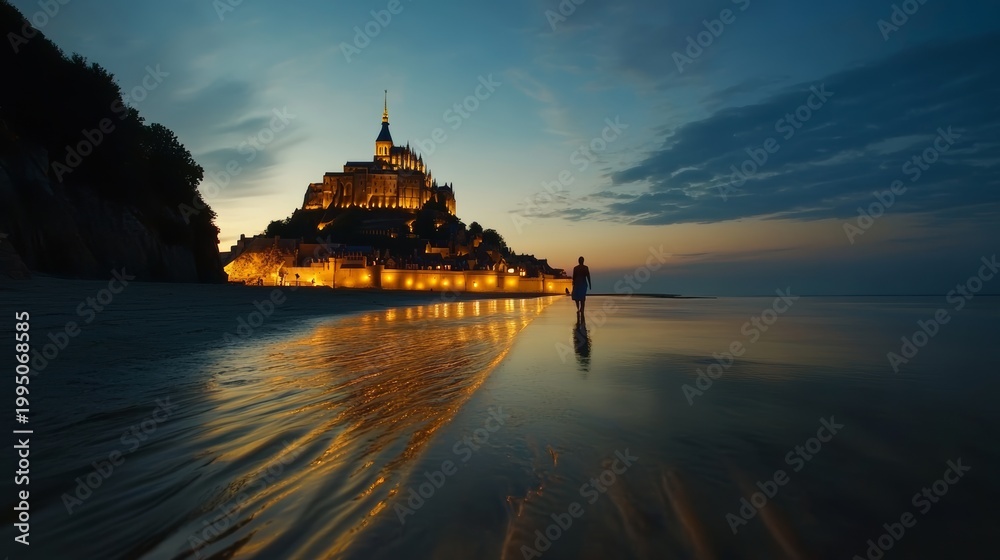 Fototapeta premium Evening stroll by the beach mont saint-michel landscape photography serene environment tranquil viewpoint nature's beauty