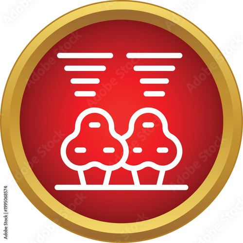 Trees with horizontal lines above them symbolizing air pollution, set in a red and gold circle