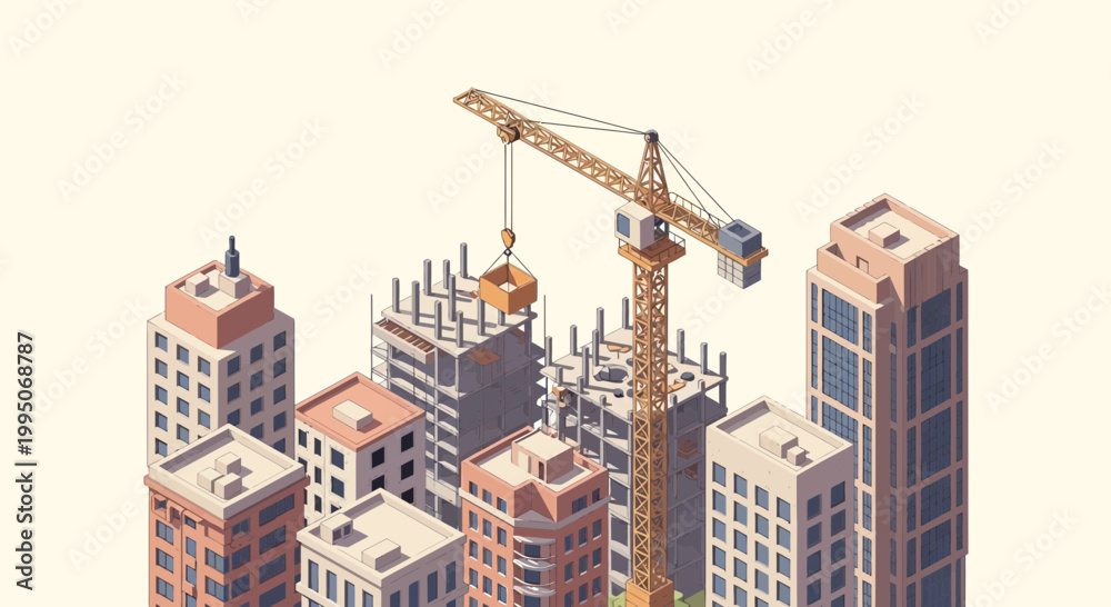 Fototapeta premium Construction crane lifting building materials high.