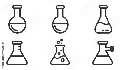 set of laboratory glassware icons including round bottom flask, conical flask with bubbles, and side arm flask on transparent background