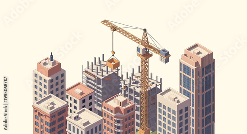 Construction crane lifting building materials high.