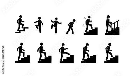 Minimalist stick figure man walking stairs vector icons for human silhouette and pedestrian motion illustrations