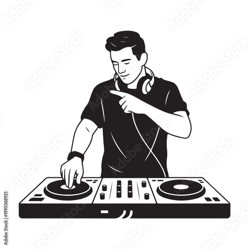 Black and white d j performing live with one hand on turntable