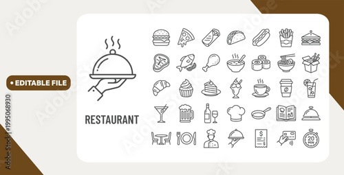 Restaurant web icons in line style. Food, meal, fish, delivery, cooking, fast food, collection. Editable stroke. Vector illustration.