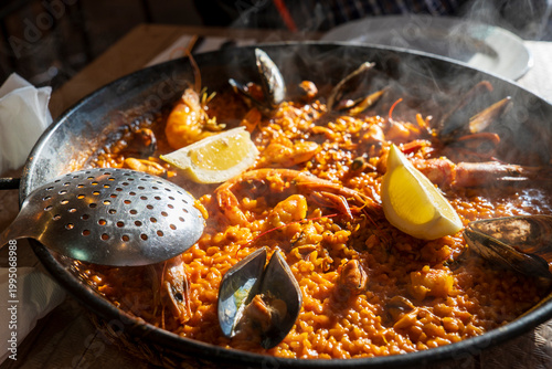Paella with shrimps and mussels, traditional spanish dish