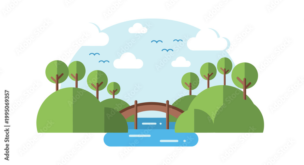 Fototapeta premium Serene vector illustration of wooden bridge spanning river between green hills with trees and blue sky.