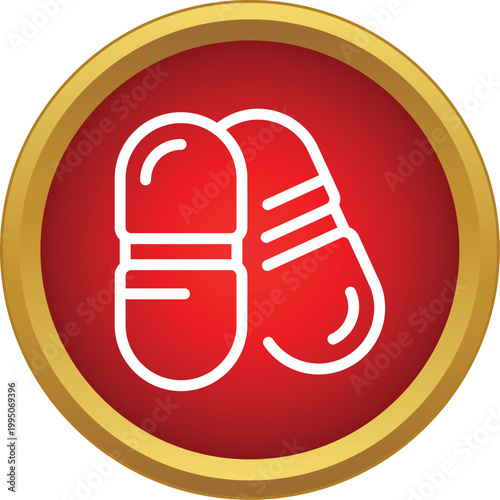 White outline illustrating two capsule pills on a vibrant red circular background with a gold border