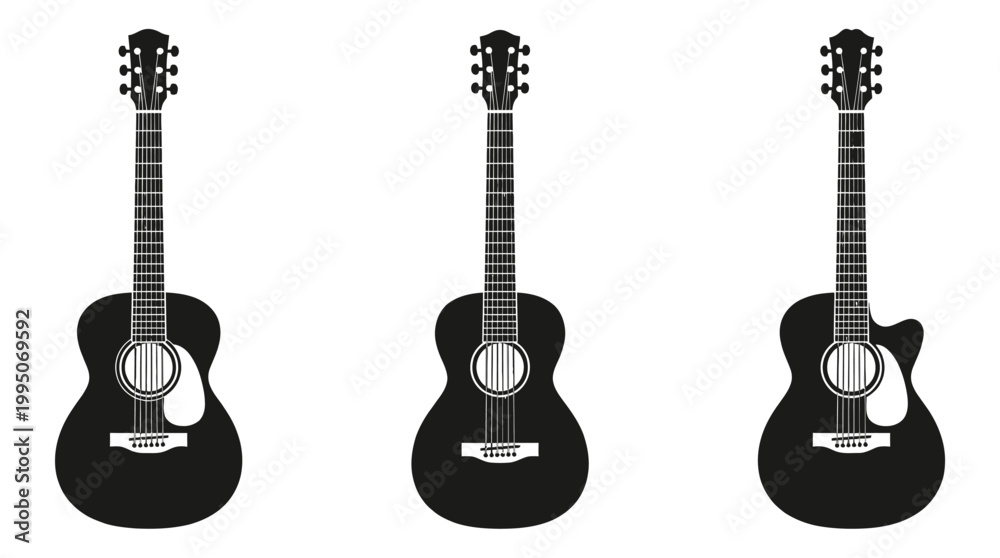 Naklejka premium Acoustic Guitar Silhouettes Vector Collection – Black Six‑String Instruments, Cutaway and Full‑Body Designs for Music Branding, Concert Icons, Artistic Graphic Illustration Vector Artwork