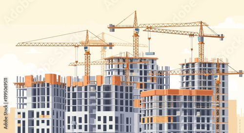 Construction site with tall building cranes.