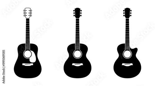 Acoustic Guitar Silhouettes Vector Collection – Black Six‑String Instruments, Cutaway and Full‑Body Designs for Music Branding, Concert Icons, Artistic Graphic Illustration Vector Artwork