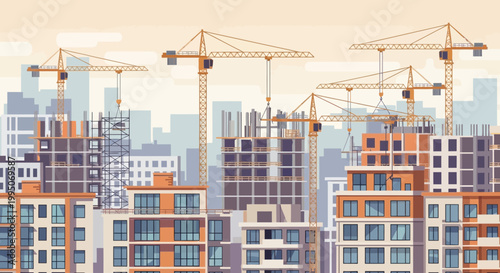 Construction site with tall cranes operating.