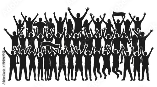 Crowd Silhouettes Vector Collection – Energetic People Figures with Raised Arms, Celebration, Unity, Dance, Party Icons for Event Branding, Festive Graphic Design Vector Artwork