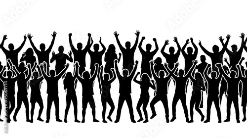 Crowd Silhouettes Vector Collection – Energetic People Figures with Raised Arms, Celebration, Unity, Dance, Party Icons for Event Branding, Festive Graphic Design Vector Artwork