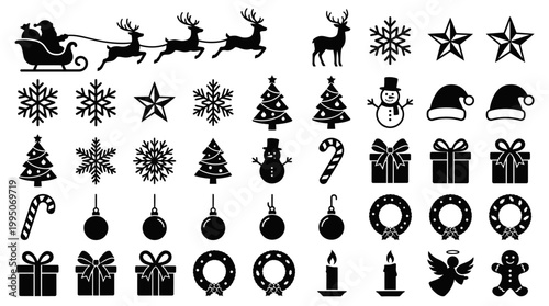 Christmas Icons Vector Collection – Santa Sleigh, Reindeer, Snowflakes, Trees, Gifts, Ornaments, Angels, Wreaths, Festive Holiday Silhouettes for Seasonal Decoration, Graphic Design Vector Artwork