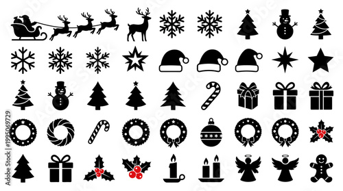 Christmas Icons Vector Collection – Santa Sleigh, Reindeer, Snowflakes, Trees, Gifts, Ornaments, Angels, Wreaths, Festive Holiday Silhouettes for Seasonal Decoration, Graphic Design Vector Artwork