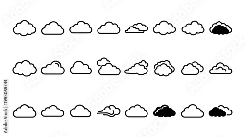 Cloud Icons Vector Collection – Stylized Black and White Cloud Silhouettes, Rounded, Swirled, Layered Designs for Weather Symbols, Graphic Illustration, Decorative Outline Vector Artwork