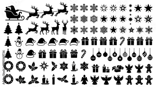 Christmas Icons Vector Collection – Santa Sleigh, Reindeer, Snowflakes, Trees, Gifts, Ornaments, Angels, Wreaths, Festive Holiday Silhouettes for Seasonal Decoration, Graphic Design Vector Artwork