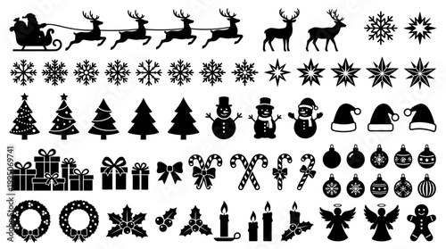 Christmas Icons Vector Collection – Santa Sleigh, Reindeer, Snowflakes, Trees, Gifts, Ornaments, Angels, Wreaths, Festive Holiday Silhouettes for Seasonal Decoration, Graphic Design Vector Artwork