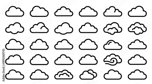 Cloud Icons Vector Collection – Stylized Black and White Cloud Silhouettes, Rounded, Swirled, Layered Designs for Weather Symbols, Graphic Illustration, Decorative Outline Vector Artwork