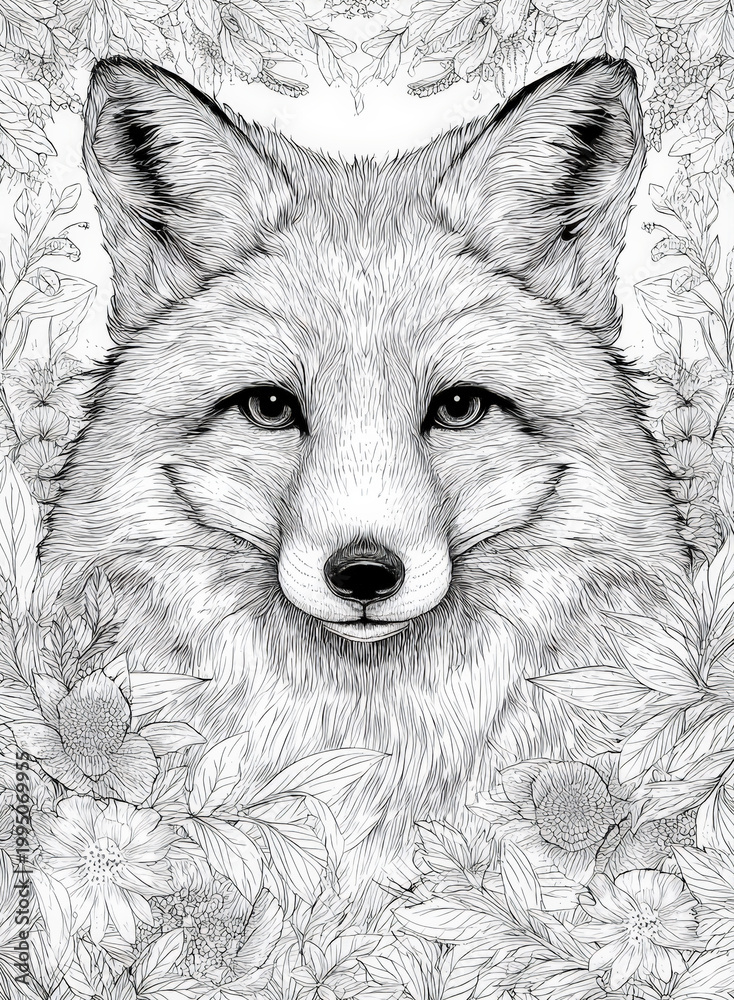 Fototapeta premium Intricate Hand-Drawn Fox Portrait Coloring Page for Adults Featuring a Majestic Red Fox Surrounded by Wildflowers and Detailed Foliage in an Elegant Pen and Ink Line Art Illustration Style