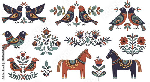 Scandinavian Folk Art Vector Set with Dala Horses Birds and Floral Elements