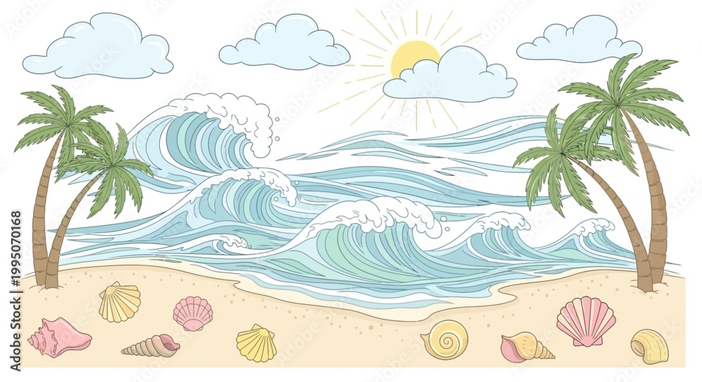 Fototapeta premium Tropical Beach Paradise with Palm Trees Ocean Waves and Seashells Illustration.