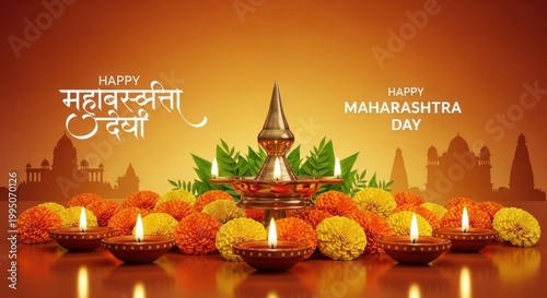 Maharashtra Day celebration with marigold flowers, diya lamps, and festive banner in warm golden lighting