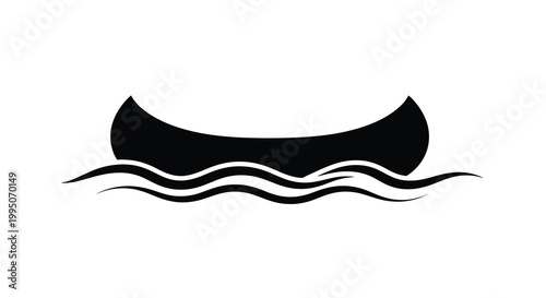 Simple black and white illustration of a canoe on wavy water