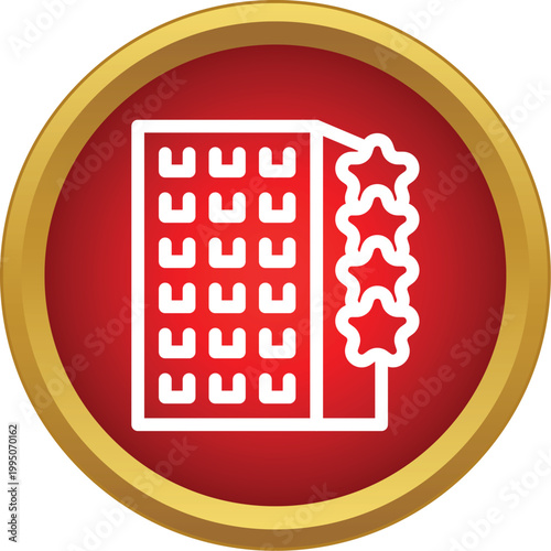 Hotel building icon displaying three stars rating inside a red circle with gold border