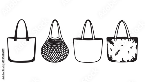 Black and white of four handbag styles tote clutch