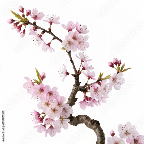 Spring pink cherry blossom branch isolated on white background