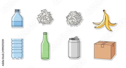 Recycling Icons Set Featuring Plastic Glass Metal Paper Cardboard and Organic Waste.