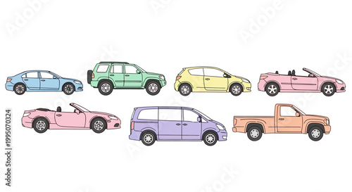 Colorful Line Drawing Illustration of Various Car Types Arranged in a Row.