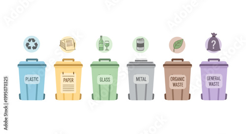 Illustrated Colorful Recycling Bins for Sorting Plastic Paper Glass Metal Organic and General Waste.