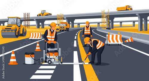 Road workers painting highway lines.