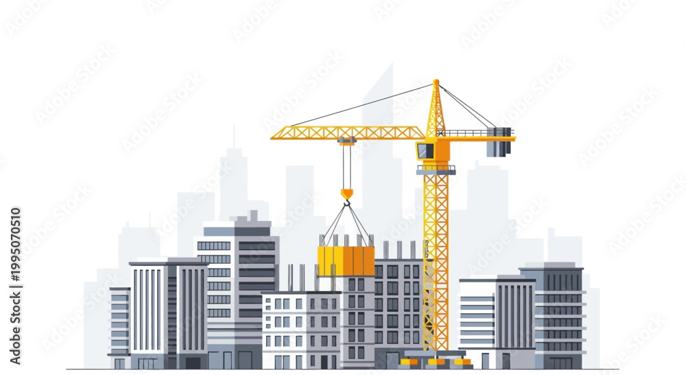 Fototapeta premium Yellow Construction Crane Lifting Building Block.
