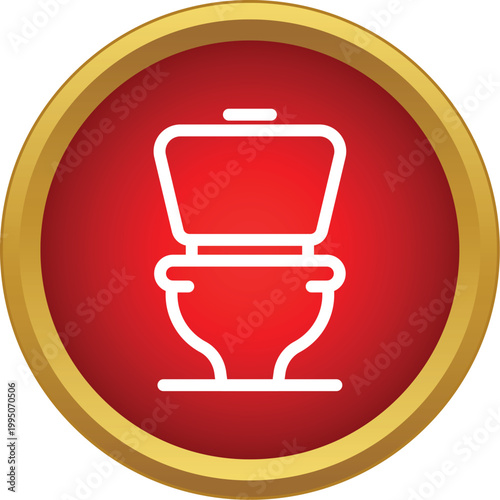 Toilet bowl silhouette in a red circle with gold border, indicating a public restroom sign