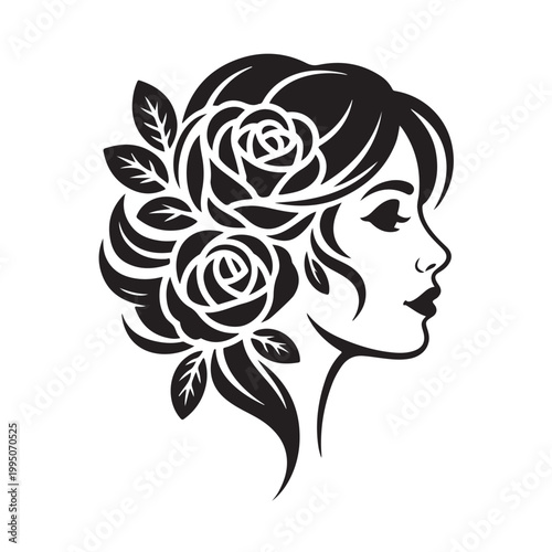 Black and white ornate floral side profile of a woman